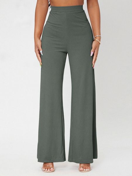 

petite solid rib-knit wide leg pants a2as#, Black;white