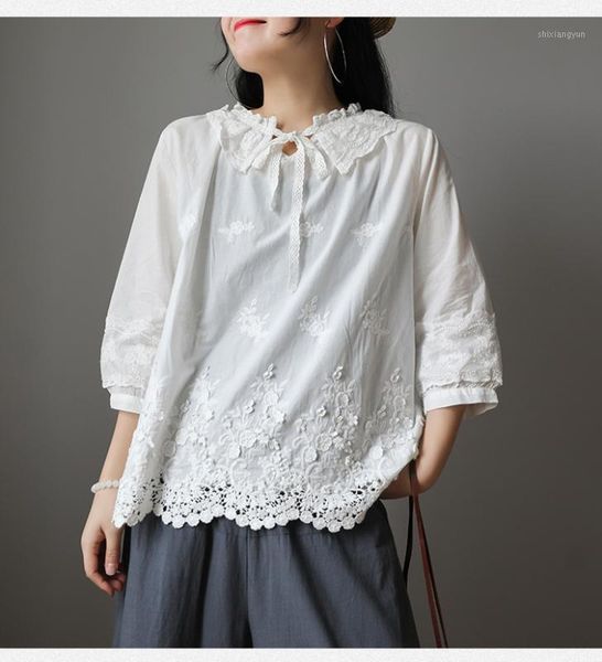

embroidered cotton lace collar white blouse with lace vintage shirt mori girl1