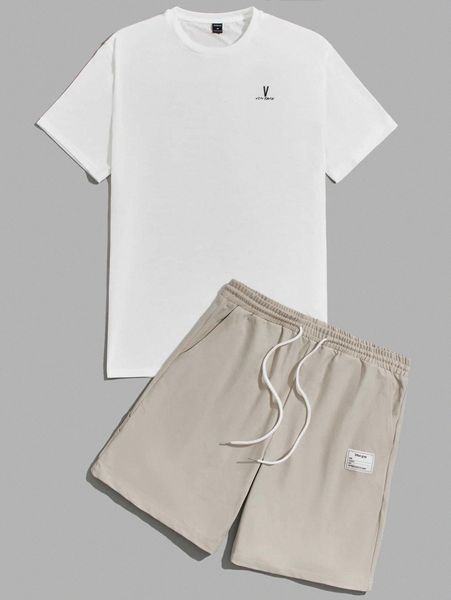 

men letter graphic tee and patch detail shorts set b5ii#, Gray