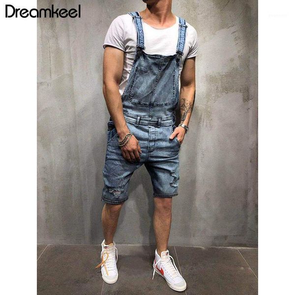 

2020 ripped hole short jeans jumpsuits men casual streetwear distressed overalls hip hop suspenders denim shorts y1, Blue
