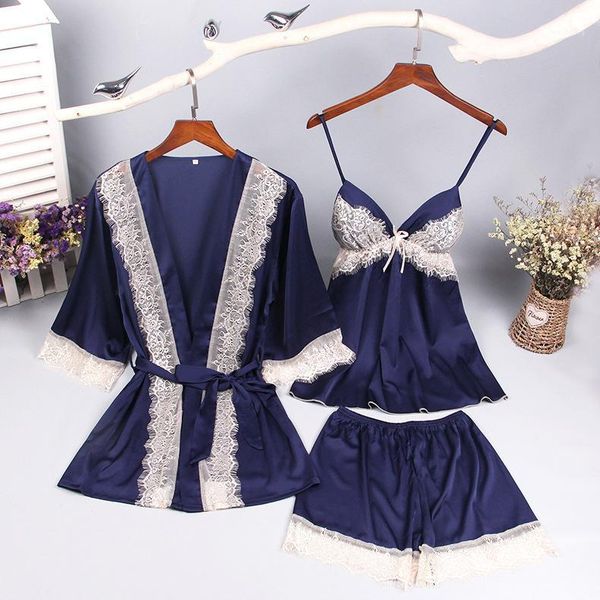 

satin women solid kimono bathrobe gown lace 3pcs sleepwear faux silk summer new nightgown with belt strap nightdress1, Black;red