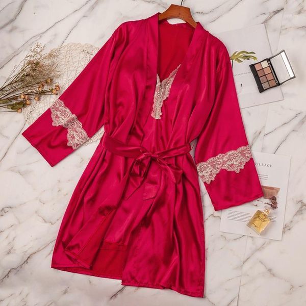 

2020 new style women satin lace silk pajamas set solid female robe & gown sets with belt + chest pad nightdress lingerie #31, Black;red