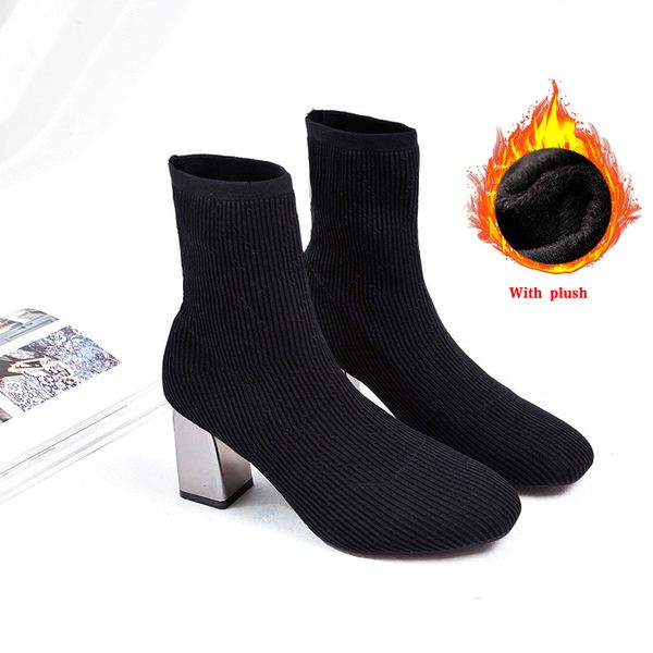 

2021 women socks ankle fashion shoes ladies autumn winter square toe high heels woman knitted boots new footwear 1 ry2v, Black