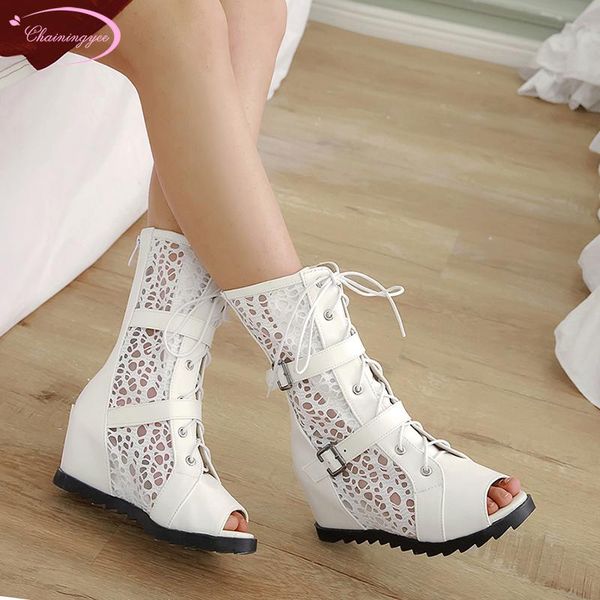 

european street style peep toe summer boots sandals buckle strap zipper lace-up hollow-out high-heeled wedges women shoes, Black