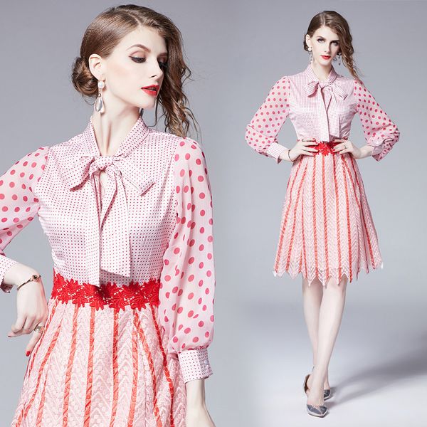 

2021 new sweet dot chiffon lantern patchwork striped lace spring summer women bow neck long sleeve elegant pink es znht, Black;gray