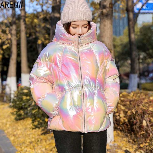

rainbow colorful bright parkas new 2020 autumn winter warm thick vinyl puffer jacket female hooded short coat korean outwear1, Black