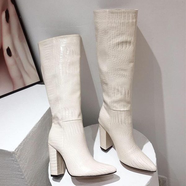 

designer women fashion 2020 pointed toe beige fur boots slip on riding boots square high heels knee high lady party shoes, Black