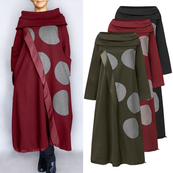 

2021 vonda sweater dress vintage dot print patchwork winter dress loose pullover sundress female plus size sweatshirt 5xl, Black;gray