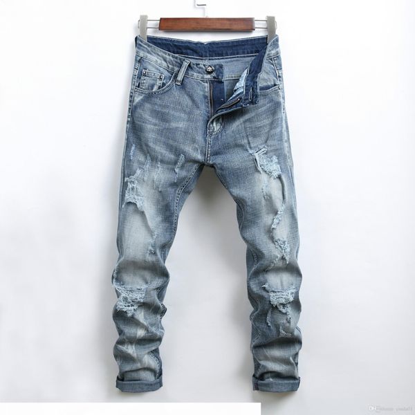 

2019 new mens jeans spring and summer time slim fit elastic waistline hole fashionable style jeans, Blue