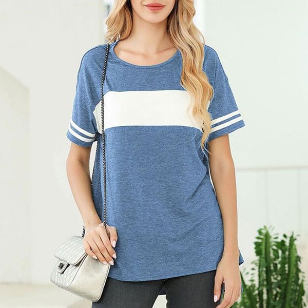 

color block women's blouse 2020 summer fashion short sleeve shirt casual o neck side split high low tunic bluzki damskie1, White