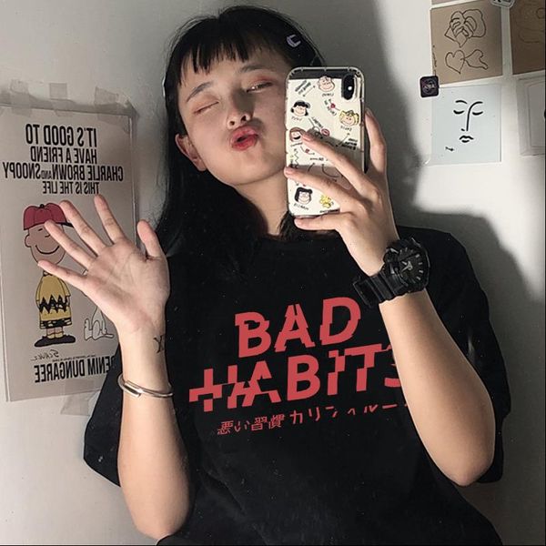 

bad habit japanese personality harajuku ulzzang alphabet casual loose plus size short sleeve summer chic hip hop t shirt, White
