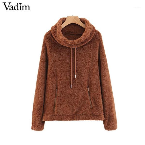 

vadim women thick warm faux fur sweatshirts turtleneck pockets long sleeve pullovers solid female casual outwear ha2661, Black