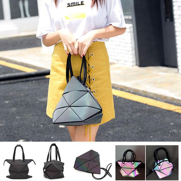 

deformable pu leather luminous handbags for women 2020 geometric night light square foldable shoulder bags