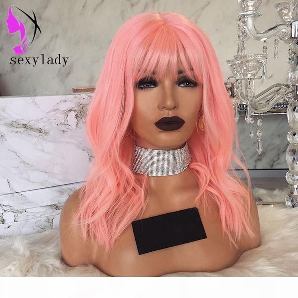 

short bob wig pink color synthetic lace front wigs with bangs heat resistant fiber wigs for woman, Black