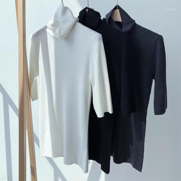 

turtleneck wool women sweater half sleeve simple wild stretch slim lady knit 1, White;black