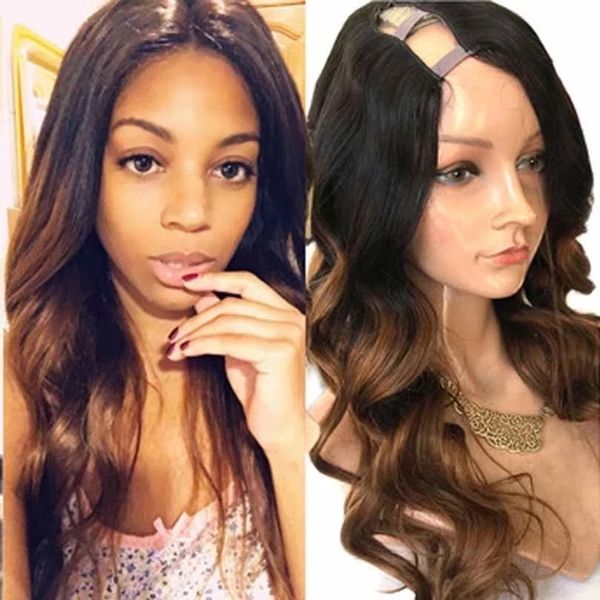 

ombre blonde body wave u part wigs 100% human hair indian remy 250density 30inch glueless full machine half brown u shape wig, Black