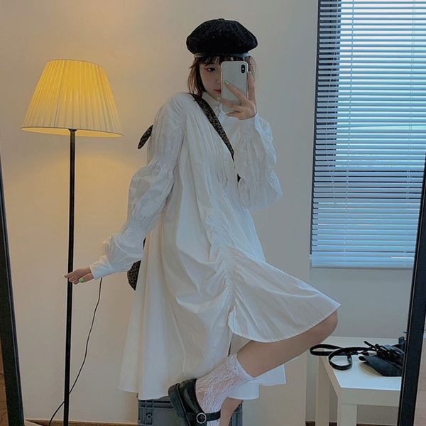 

белая рубашка платье 2020 платья dresswhite рубашка dressautumn новой рыхлой средней длиной плиссированной корейские женщины мода младшей юб, Black;gray