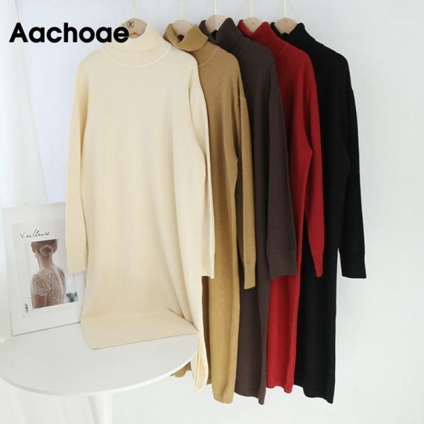 

aachoae base casual solid midi dress women turtleneck batwing long sleeve loose knitted dress leisure straight femme robe1, Black;gray