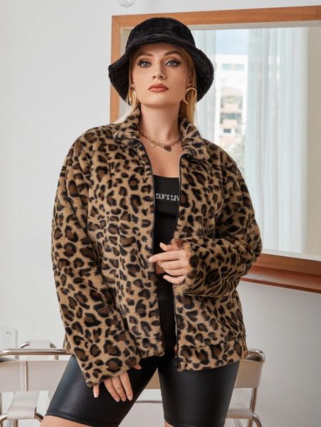 

plus leopard pattern zip-up teddy jacket u318#, Black