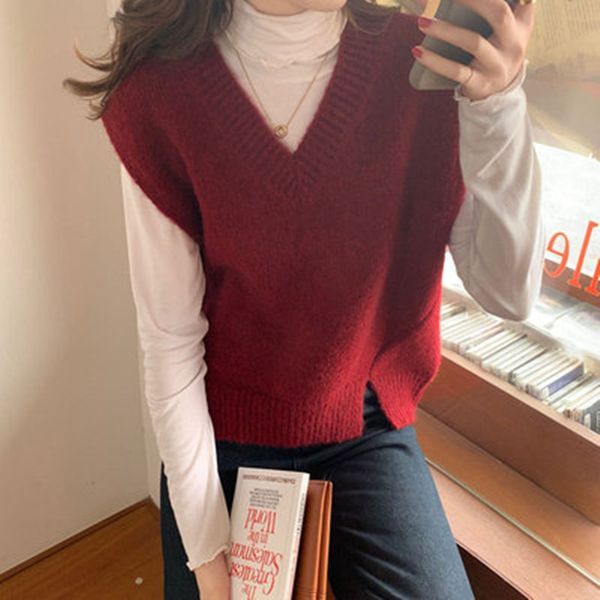 

2021 5 colours spring and autumn Korean style with v-neck cleavage knitted side split sleeveless waistcoats of women pullovers womens RVF4, White;black