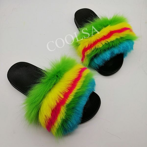 

coolsa new ladies home imitation fur slippers fashion natural fluffy plush slides women's pvc faux furry flat flip flops y200706, Black
