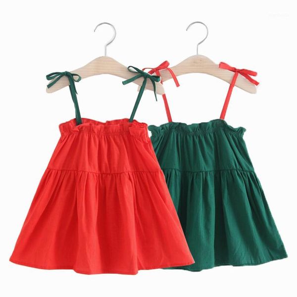 

summer new children's clothing girls cotton and linen contrast sling dress baby princess dress christmas party elegant costume1, Red;yellow