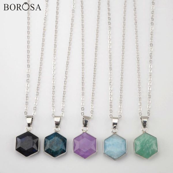 

borosa 18inch hexagon shape natural stone pendant necklace women silver color amazonite long necklace new wx1357-n1