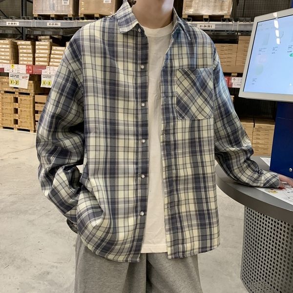 

spring and autumn ins long sleeve plaid shirt men's korean fashion student handsome loose bf style lapel shirt, Black