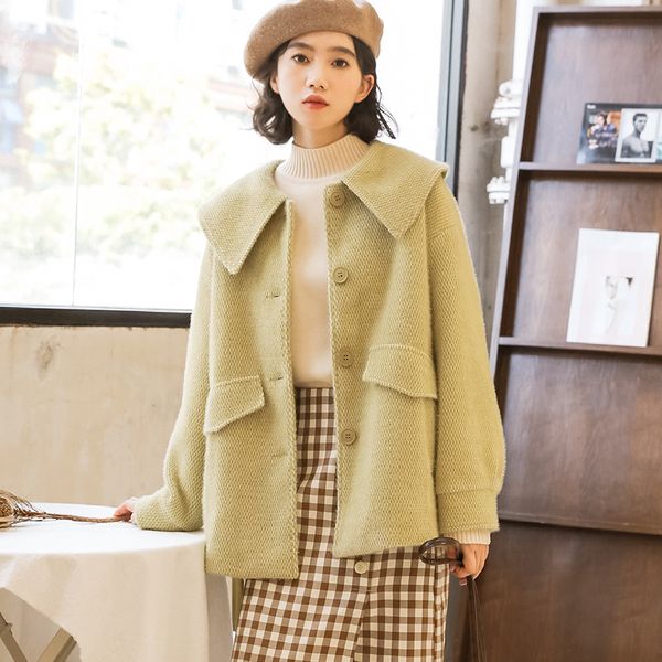 

2020 winter hong kong taste college wind doll collar loose-fitting loose-fitting coarse diamond short coat girl, Tan;black