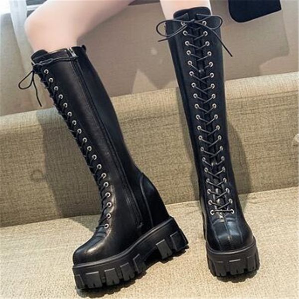 

new winter 2021 chunky leather knee high retro punk growing woman lace to mujer boots k163, Black