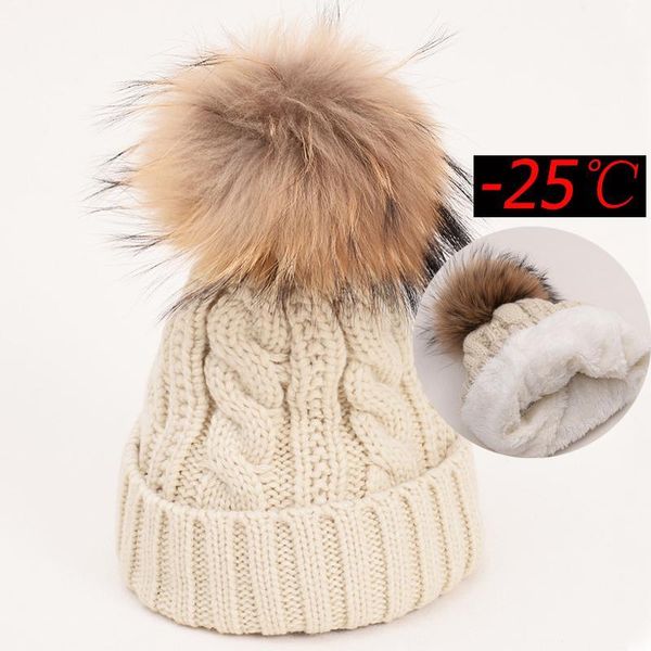

real fur pompom wool winter hat for women girls knit skullies beanies thick warm velvet fleece bonnet femme natural pom pom hat1, Blue;gray
