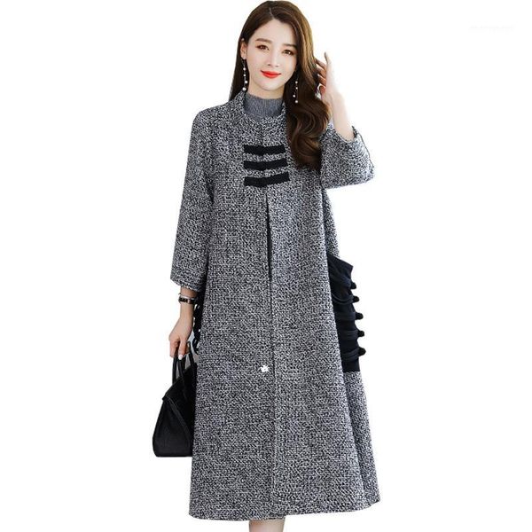 

2020 winter women's wool plaid coat a-line new fashion long woolen coat big pockets loose type female winter wool jackets female1, Black