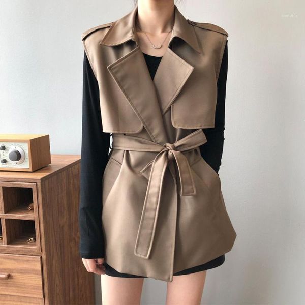 

fashion minimalist sleeveless vest trench coat elegant overcoat 2021 new autumn loose lapel casual windbreaker 1, Tan;black