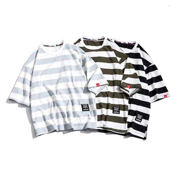

2021 new loose cotton short-sleeved fitting plus size stripe summer oversized t-shirt of men neck male shirt yt50272 2luu, Black