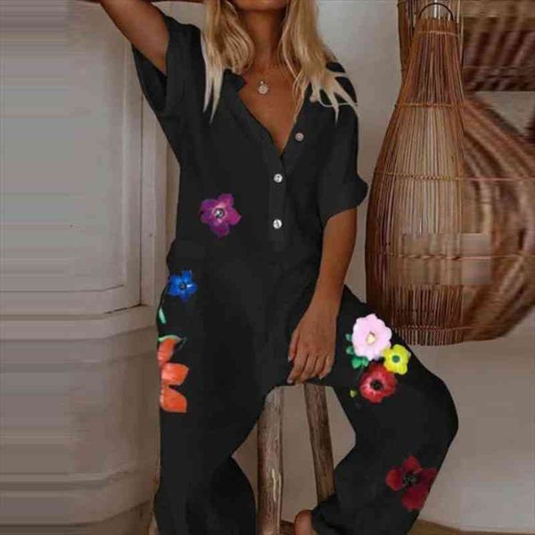 

cotton linen jumpsuits women elegant button v-neck floral letter print wide leg trousers oversized loose rompers bodysuit, Black;white