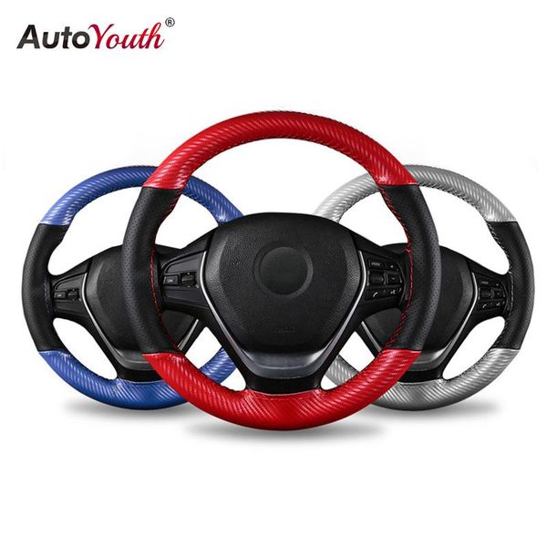 

autoyouth 15 inch universal micro fiber leather car steering wheel cover stitch on wrap with needle & thread anti-slip for suvs