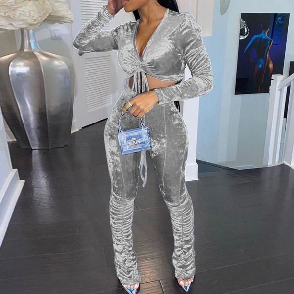 

women's tracksuits two piece set velvet night club deep v neck crop stacked pants women birthday suit 2 clubwear cute outfits, Gray