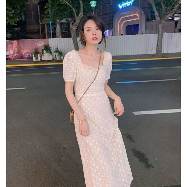 

2021 new lace long women summer square collar puff sleeve korean female clothes elegant retro fairy dress h4my, Black;gray