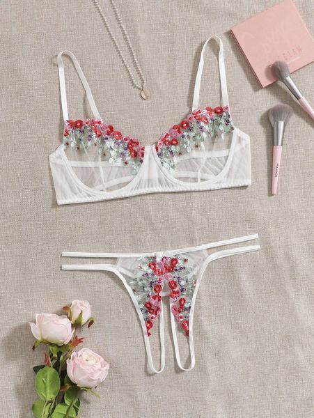 

plus embroidered mesh underwire crotchless lingerie set e1gz#, Black;white
