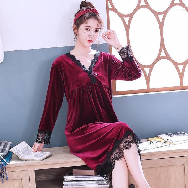 

gold velvet nightdress female autumn conjoined long long-sleeved casual warm solid color home service out of season promotion11, Black;red