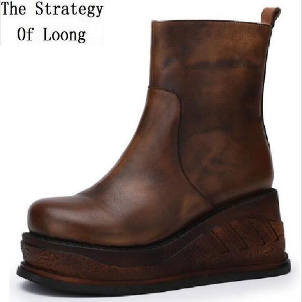 

spring autumn winter retro women genuine leather ankle equestrian boots lady flowers platform botas ladies short boots 191027, Black