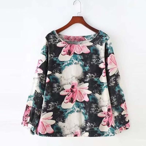 

celmia o neck long sleeve floral print retro pullover shirt cotton linen blouse simple leisure casual baggy loose blusas1, White