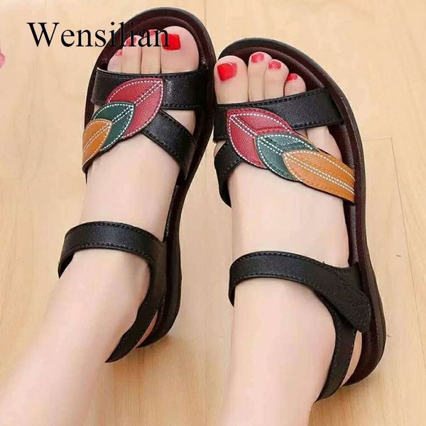 

women sandal flat sandalias mujer leather wedges shoes summer shoes hook&loop ladies beach slippers soft sandalen dames y200107, Black