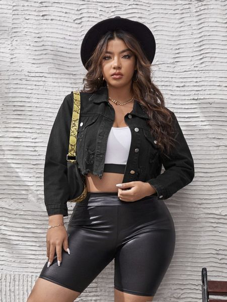 

plus raw hem crop denim jacket j47o#, Black;gray