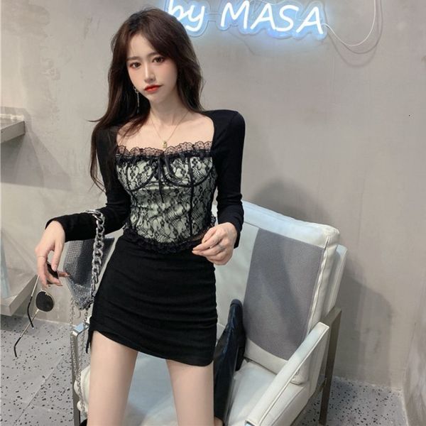 

autumn 2020 new style square neck lace splicing short slim ins long sleeve t-shirt bottoming shirt for women