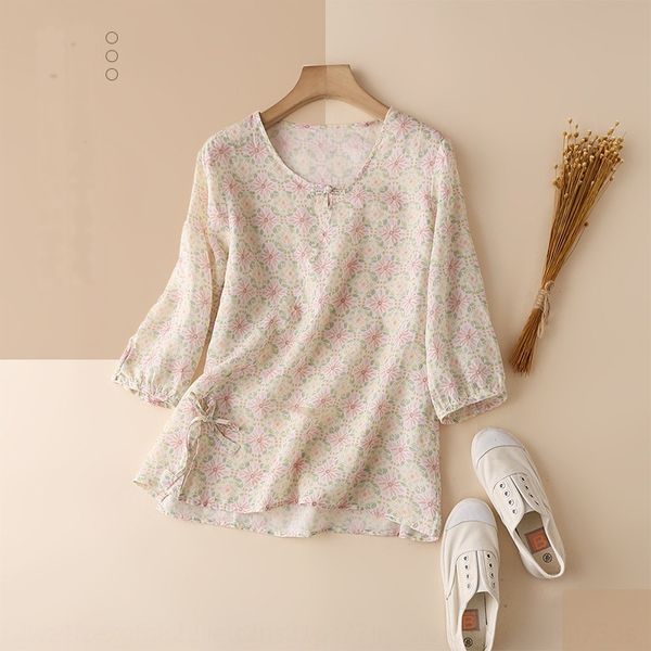 

5082 summer new product literature and art chinese coatstyle five point sleeve chinese pure ramie women's linen printed short tea dr, White