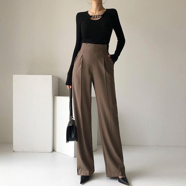 

ewq] 2020 korean autumn offic lady chic versatile bottoming t-shirt + matching high waist minimalist mopping suit pants 8d161, Gray