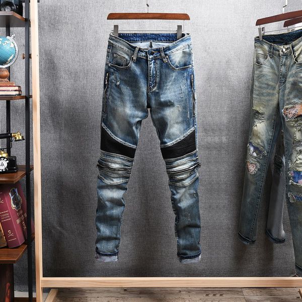 

2021 new american streetwear fashion men jeans elastic cotton patchwork spliced designer ripped denim punk trousers hip hop biker pants 40f1, Blue