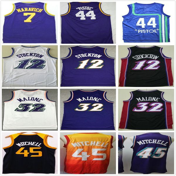 

retro vintage classic basketball jerseys john 12 stockton karl 32 malone 44 pistol 44 7 maravich ncaa donovan 45 mitchell jersey pistol pete, Black;red