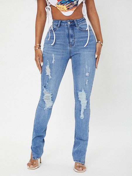 

sxy high waist ripped split hem jeans f9sx#, Blue